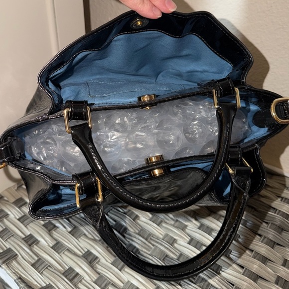 Dooney & Bourke Handbags - Dooney & Bourke Black Patent Leather Shoulder/Crossbody Satchel with Blue Lining